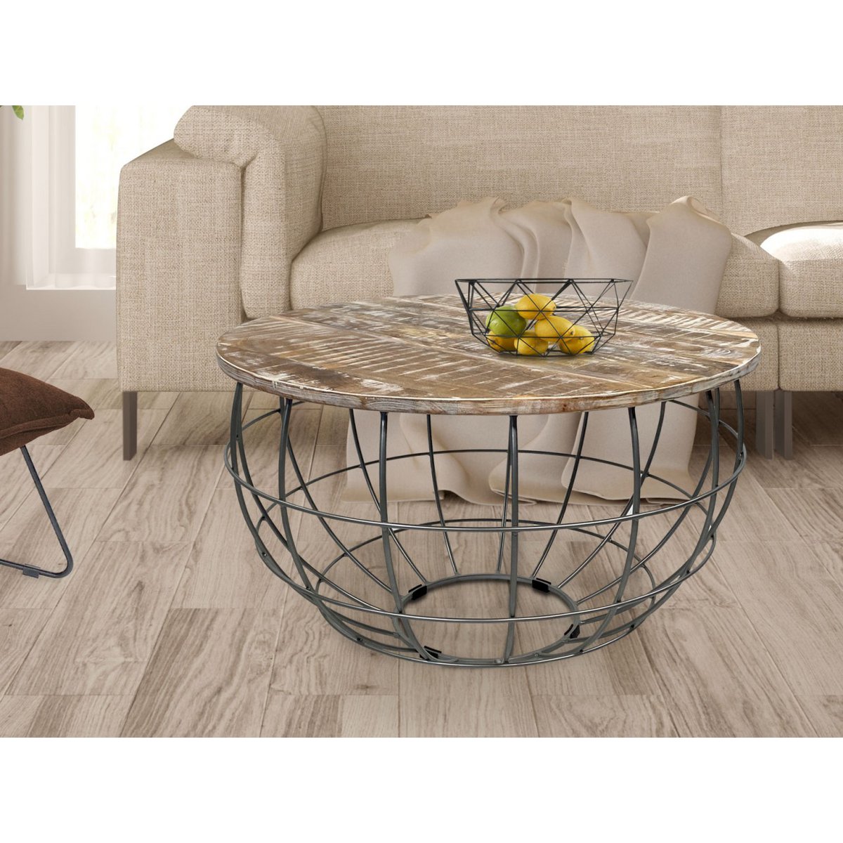 Couchtisch rund nachhaltig Lexington ø 75 cm Metall Gitter Drahtgestell Massivholz Wohnzimmer-Tisch