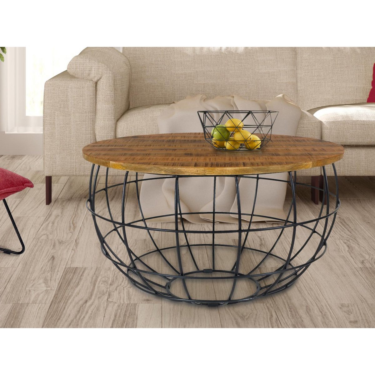 Couchtisch rund nachhaltig Lexington ø 75 cm Metall Gitter Drahtgestell Massivholz Wohnzimmer-Tisch