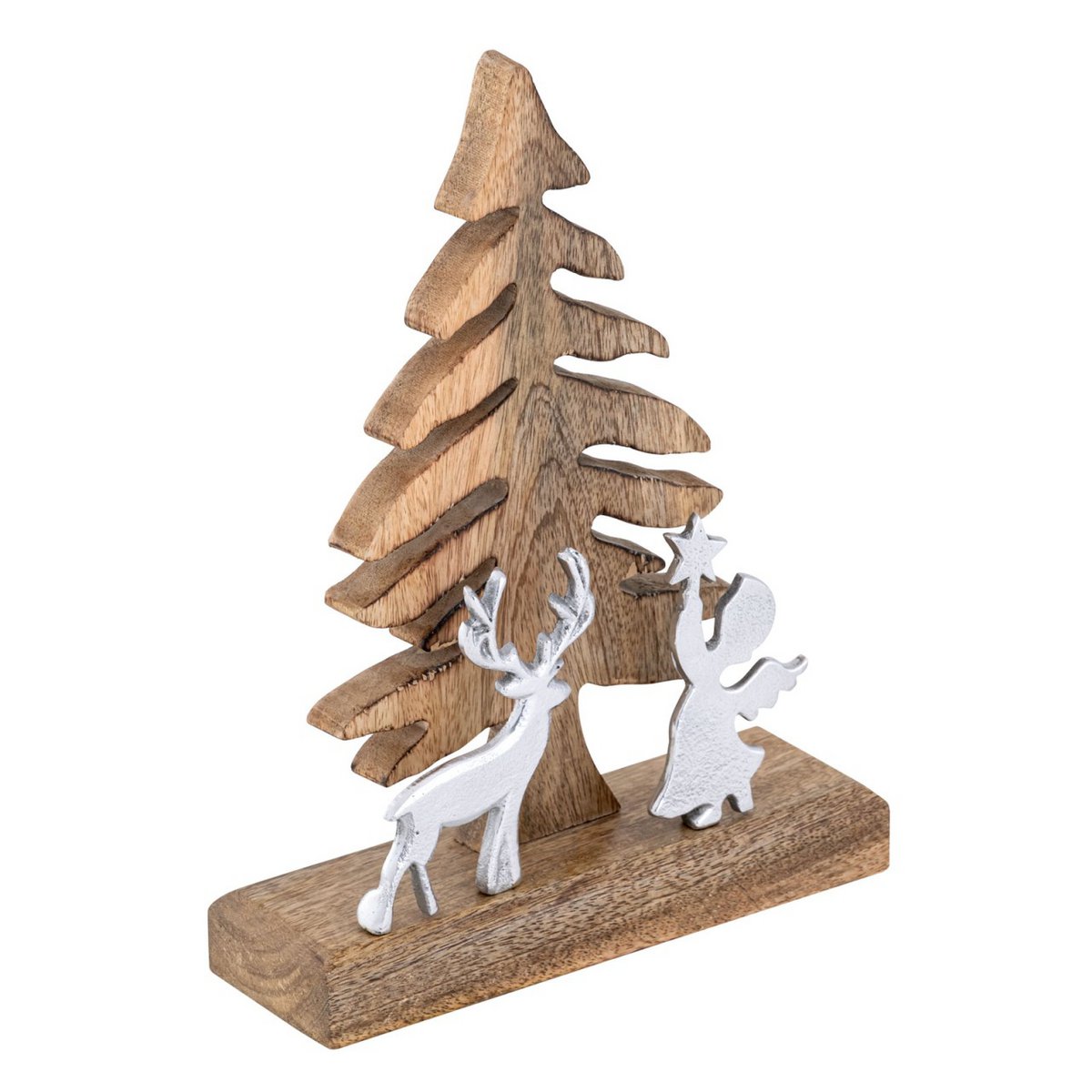 Holzfigur Weihnachtsbaum mit Hirsch u. Engel 20x27cm Weihnachtsdeko Mangoholz Aluminium